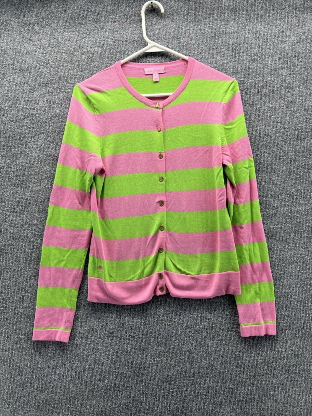 Lilly Pulitzer Cardigan Sweater Womens Small Pink Green Striped Crew Neck Knit